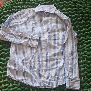 Banana Republic Mens XL 17-17.5 Blue White Yellow Striped Dress Shirt